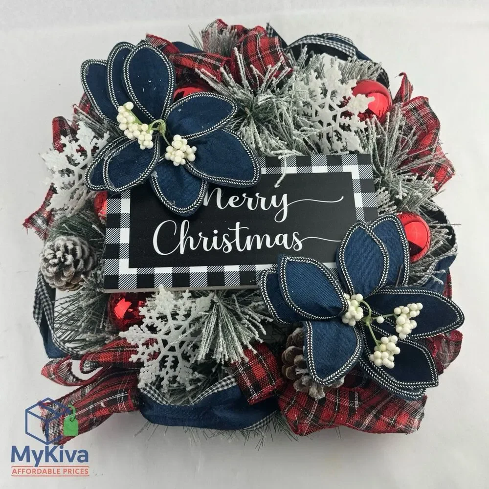 Christmas Wreath Front Door Decor 18 Inch Artificial Flowers Plaid Ribbon Sign